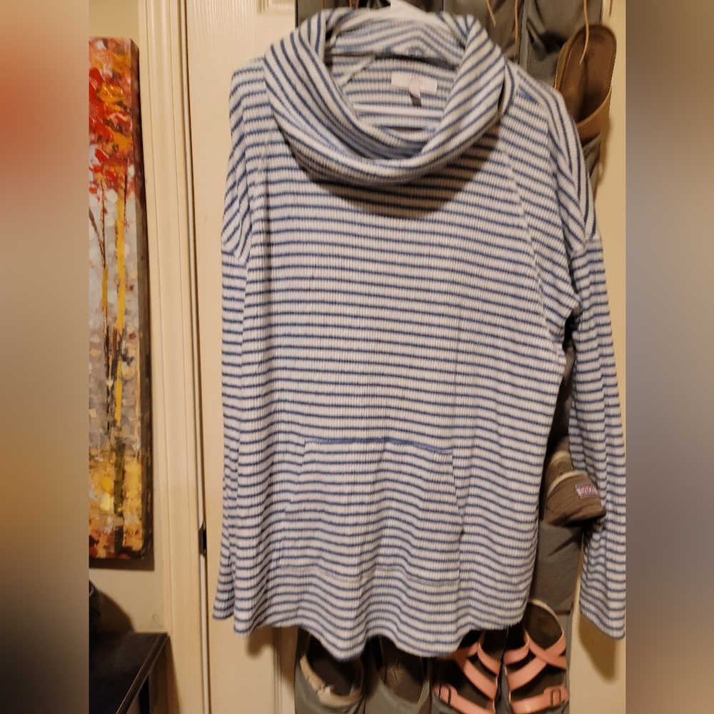 Blue and white striped cowl neck sweater with warmer pocket. Xl